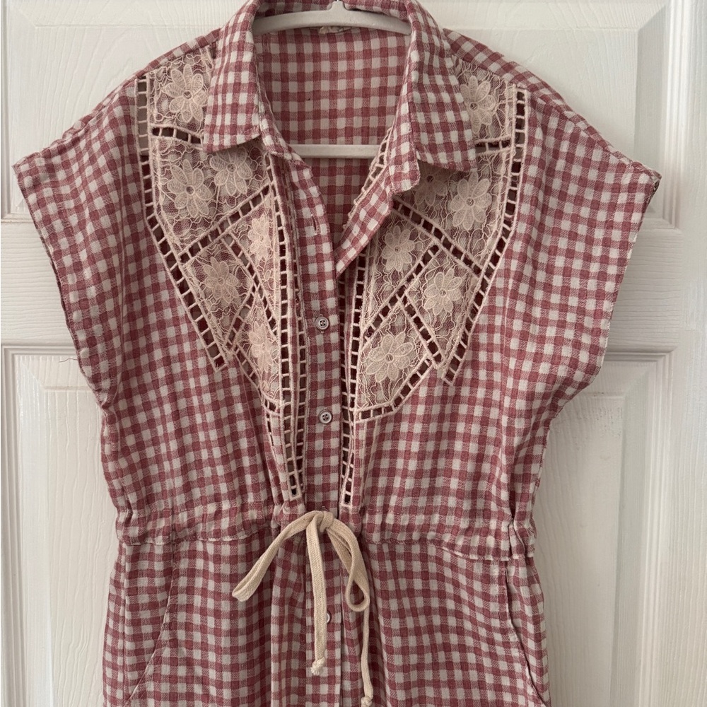 NWOT POL Gingham Button Up Midi Dress with Crochet Detail